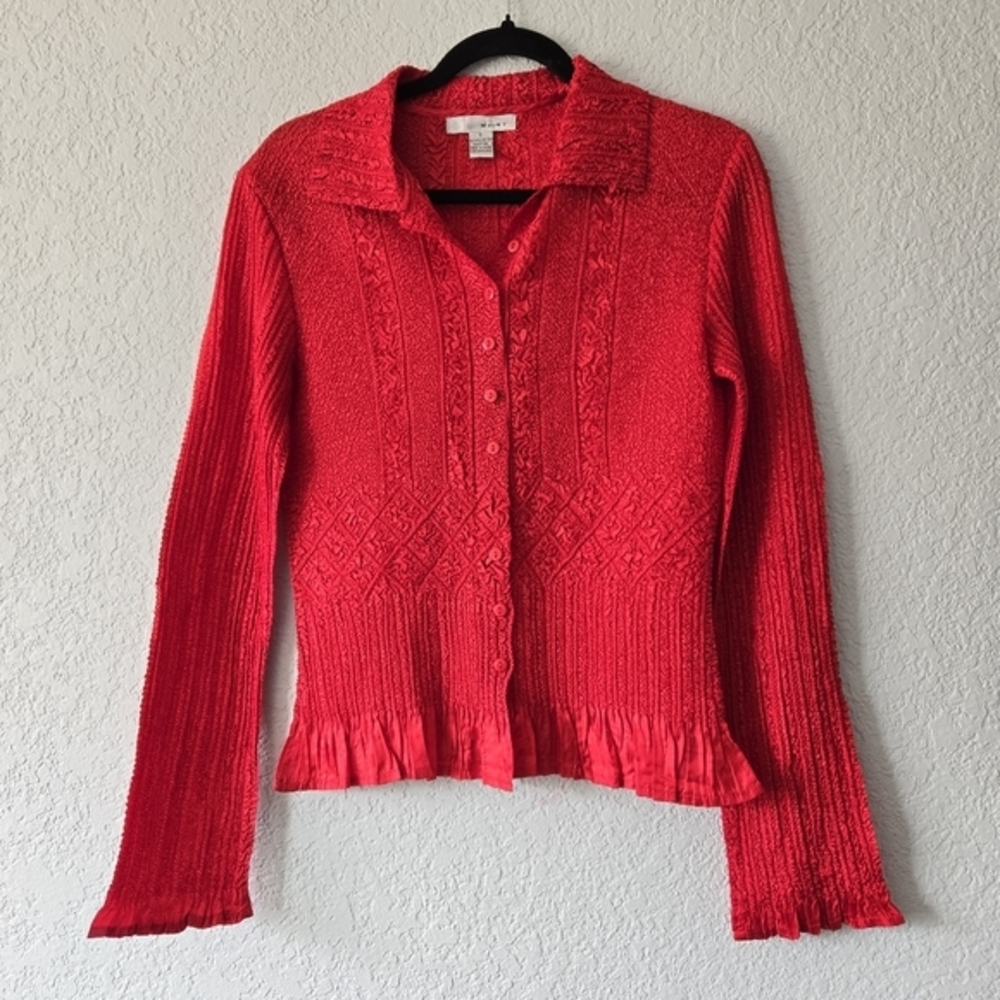 WD.NY Red Textured Popcorn Knit Cardigan Ruffle Trim Button Front Top Small